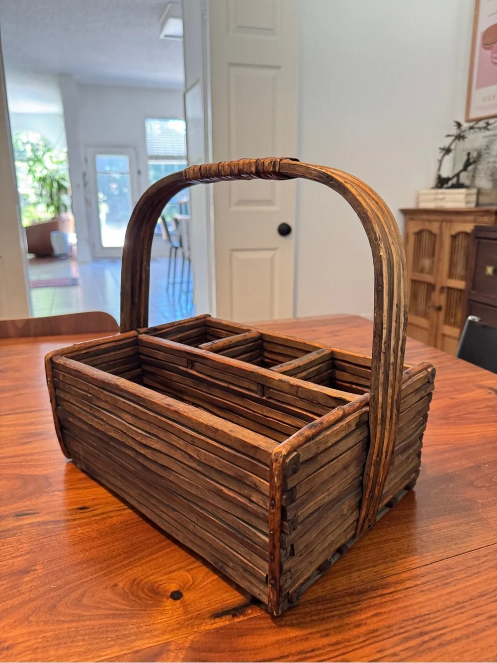 Vintage Farmhouse Wood Wicker Basket Woven Condiments Flatware Organizer Holder